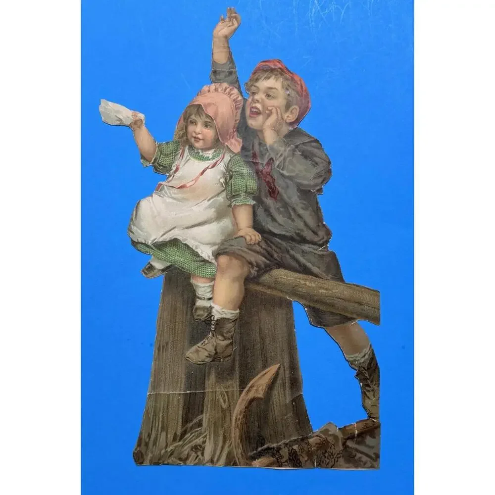 Victorian Color Paper Scrap Boy & Girl Sitting on Tree Stump (Brother & Sister)